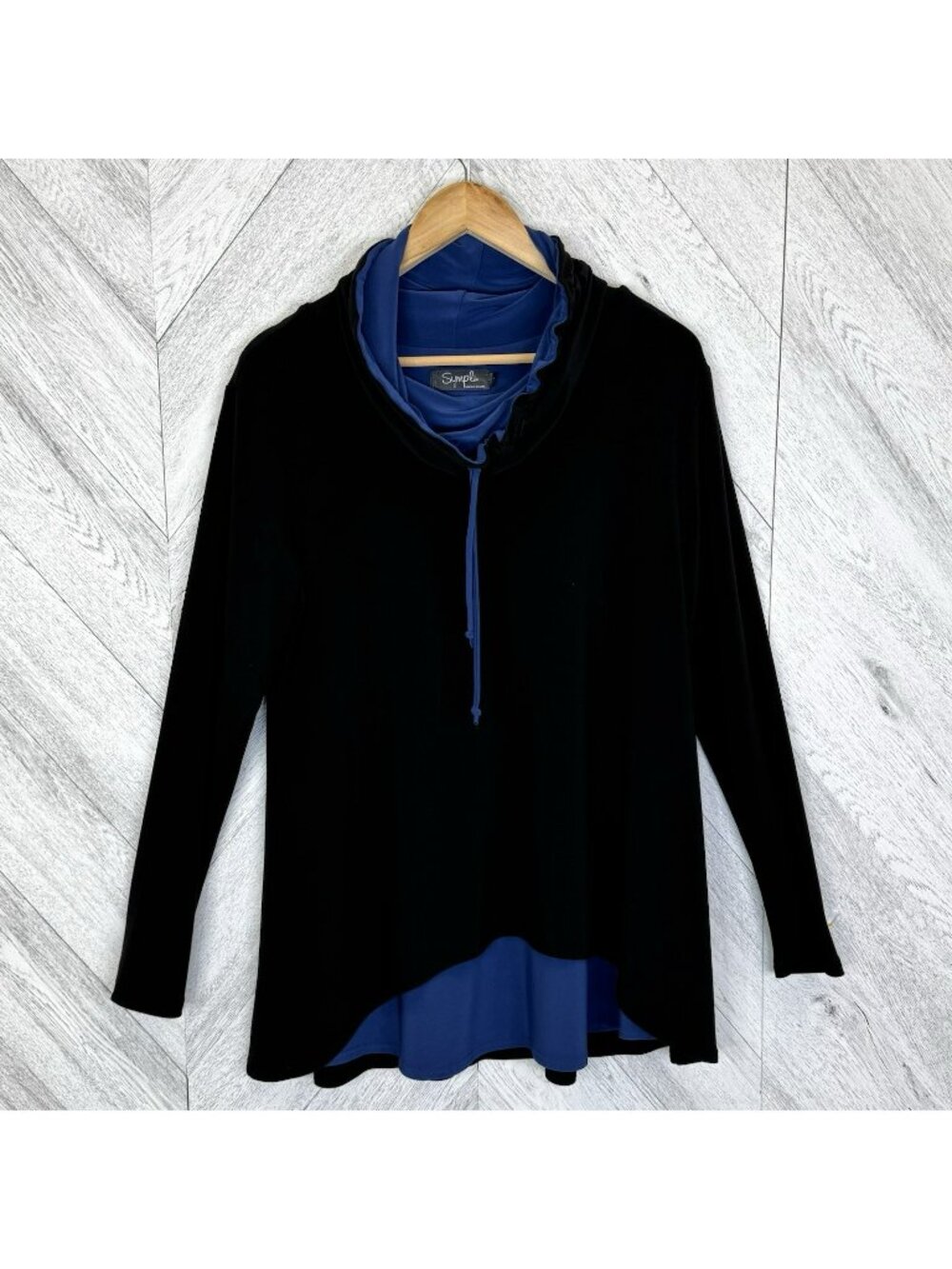 Sympli Cowl Neck Layered Tunic Top Shirt Black Blue Womens Size 14 Long Sleeve